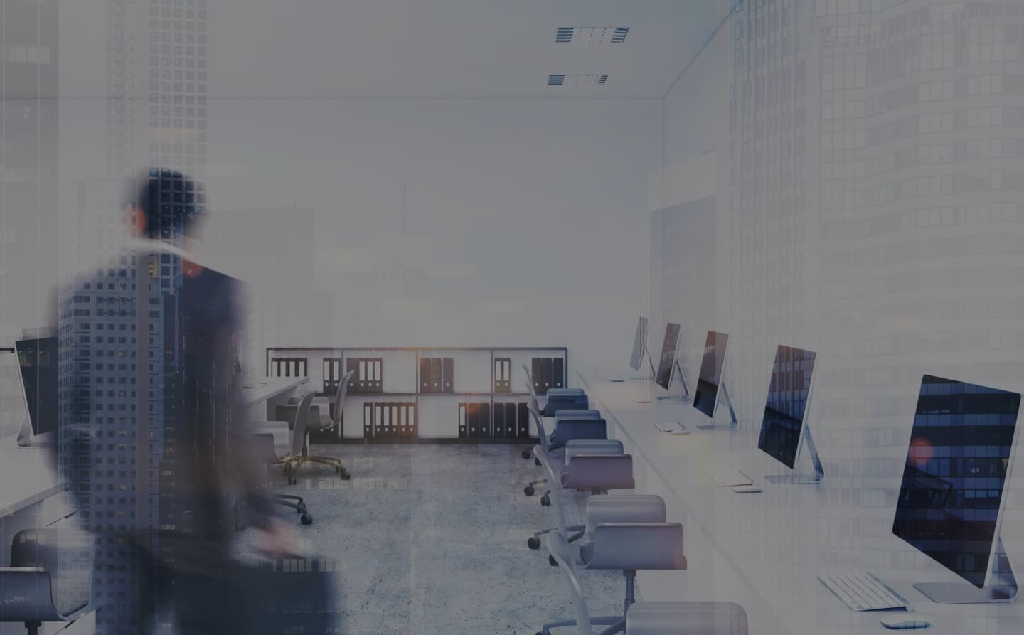 A modern office with professionals collaborating on a project with AI-driven data visualizations on screen.