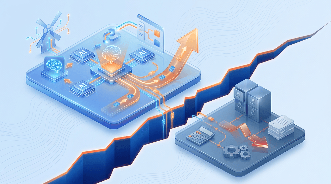 Abstract netwerk van AI-verbindingen dat de groei van AI-adoptie in Nederlandse bedrijven visualiseert