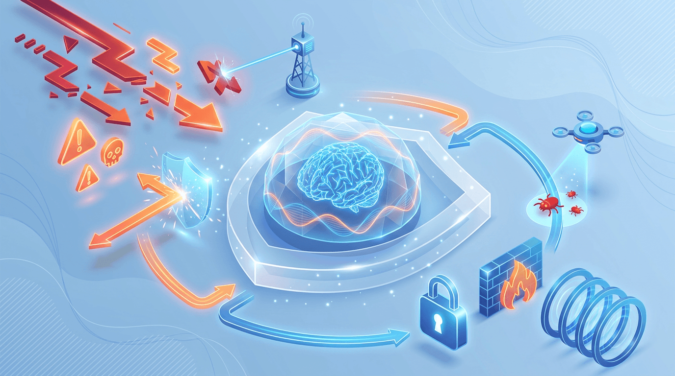 Abstract beveiligingsdocument dat risicoanalyse en bescherming van AI-systemen verbeeldt
