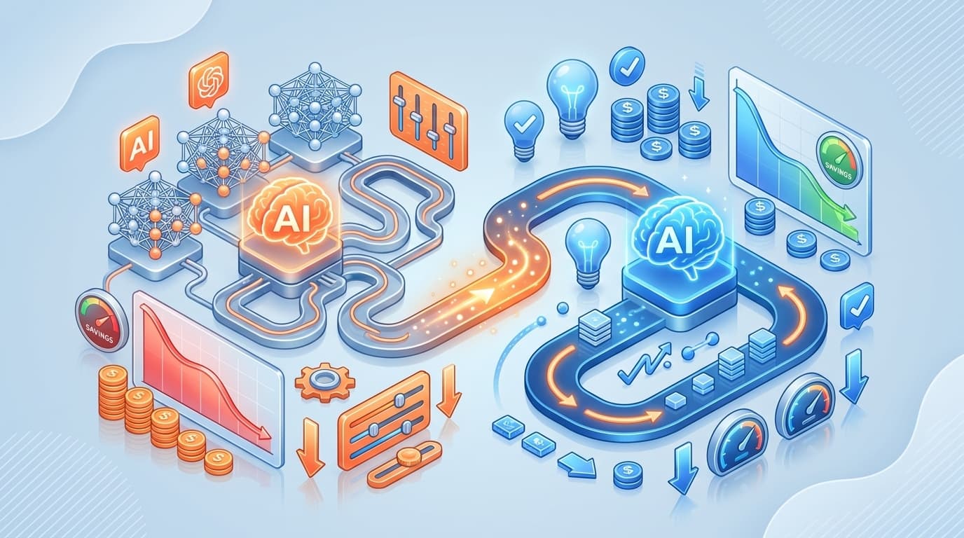 Abstracte AI-agent interface die kostenoptimalisatie en efficiënt LLM-gebruik verbeeldt