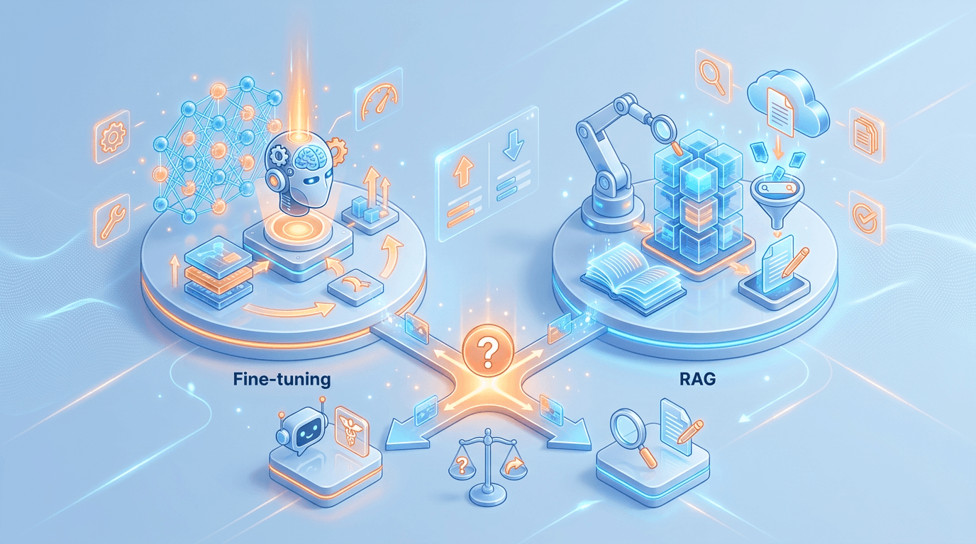 Abstracte vergelijking van twee AI-architecturen voor fine-tuning en retrieval augmented generation