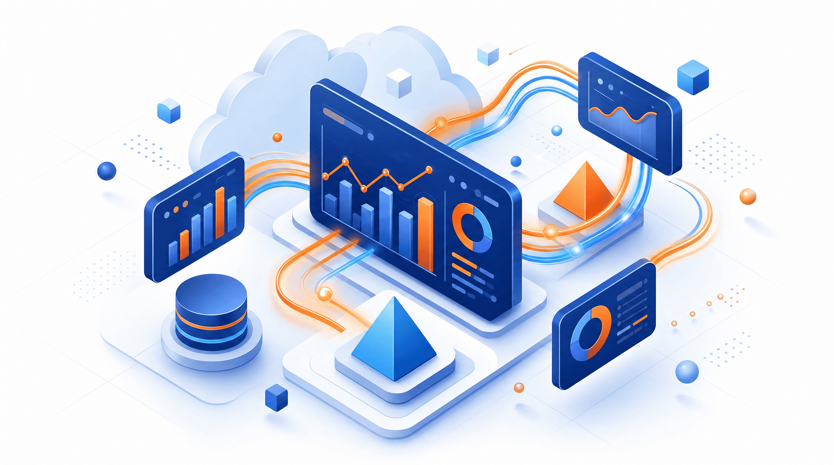 Abstracte visualisatie van gekoppelde bedrijfsapps en automatisch vernieuwende KPI-dashboards